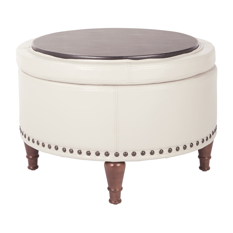 Scranton & Co Cream Faux Leather Storage Ottoman with Bronze Nailhead Trim
