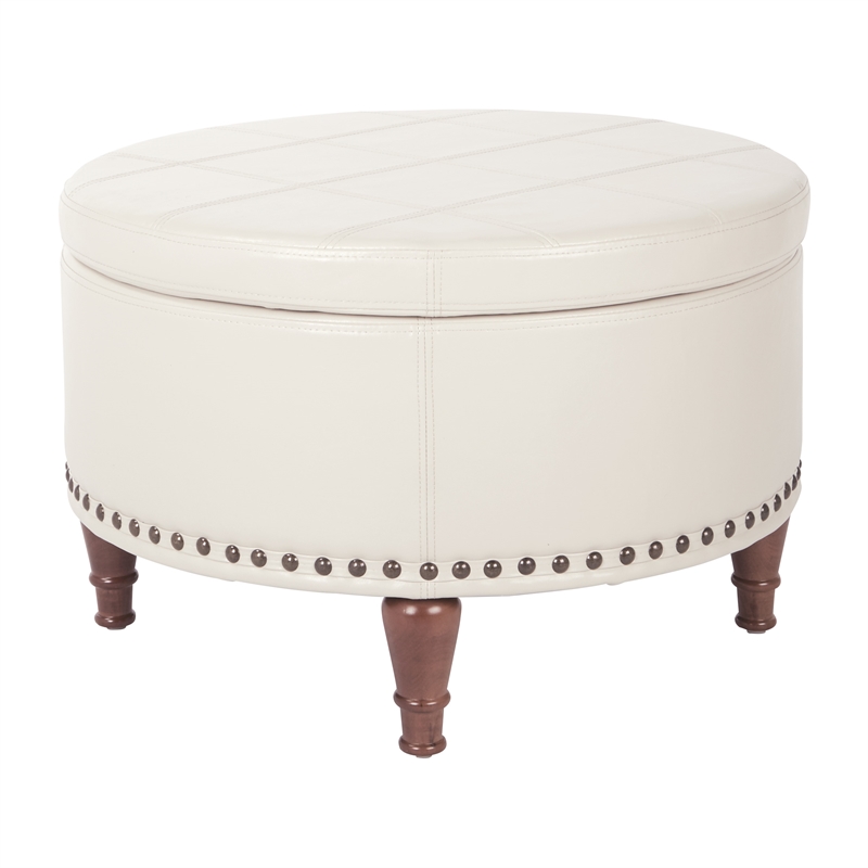 Scranton & Co Cream Faux Leather Storage Ottoman with Bronze Nailhead Trim