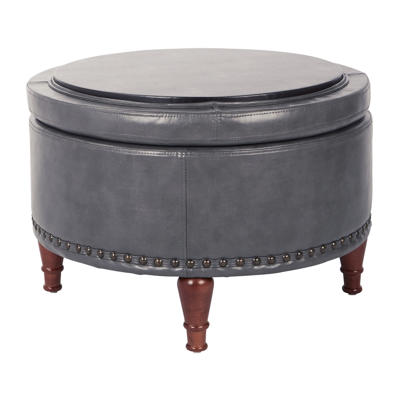 Scranton & Co Pewter Faux Leather Storage Ottoman with Bronze Nailhead Trim