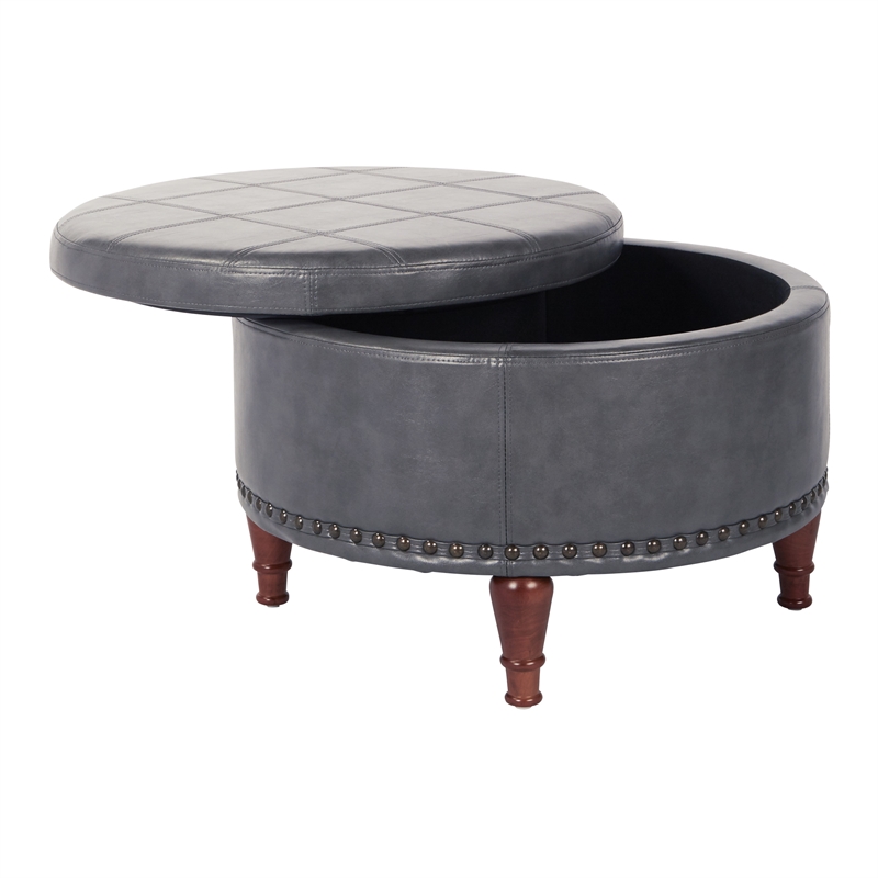 Scranton & Co Pewter Faux Leather Storage Ottoman with Bronze Nailhead Trim