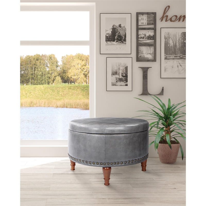Scranton & Co Pewter Faux Leather Storage Ottoman with Bronze Nailhead Trim