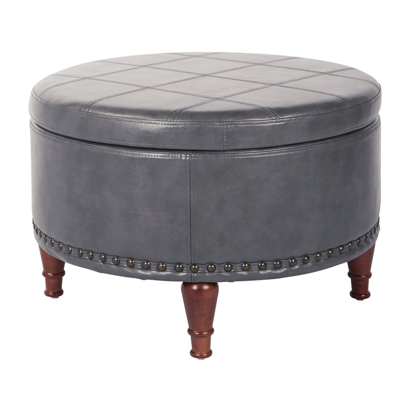 Scranton & Co Pewter Faux Leather Storage Ottoman with Bronze Nailhead Trim