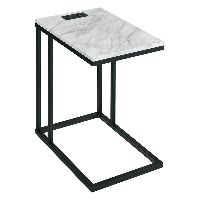 Scranton & Co C-Table with White Marble Top Black Base and Built-In Power Port