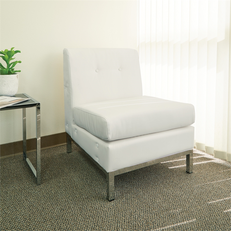 Scranton & Co Armless Chair in White Faux Leather with Chrome Base