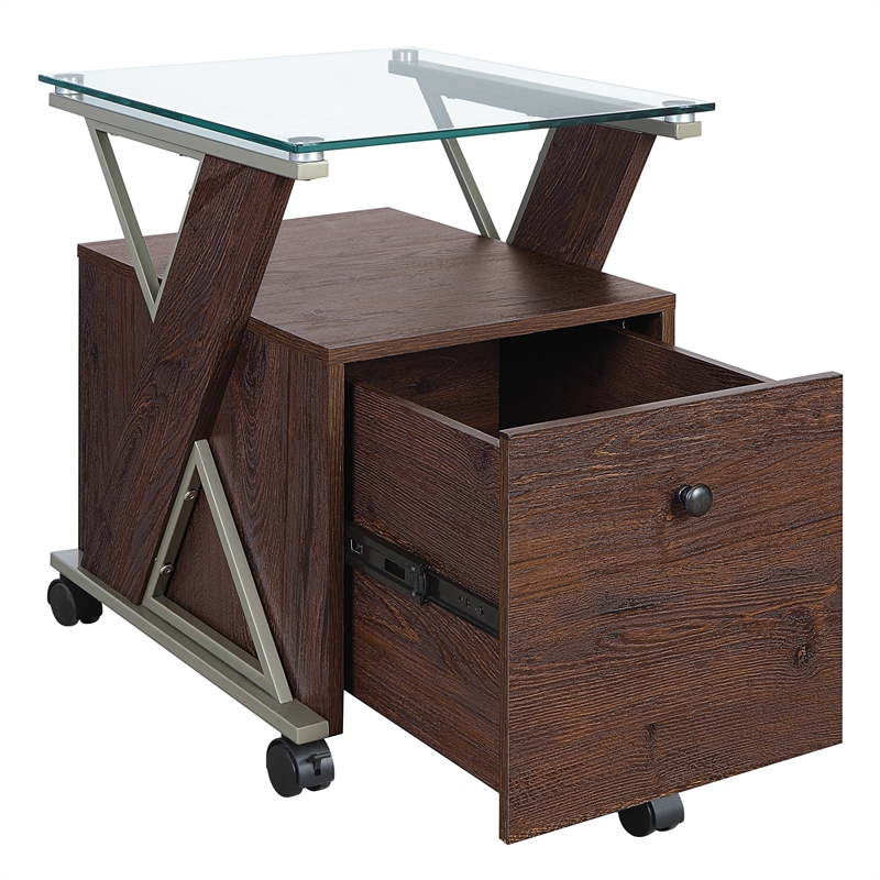 Scranton & Co Mobile File Cabinet in Cherry Red with Glass Top and Metal Z-Frame