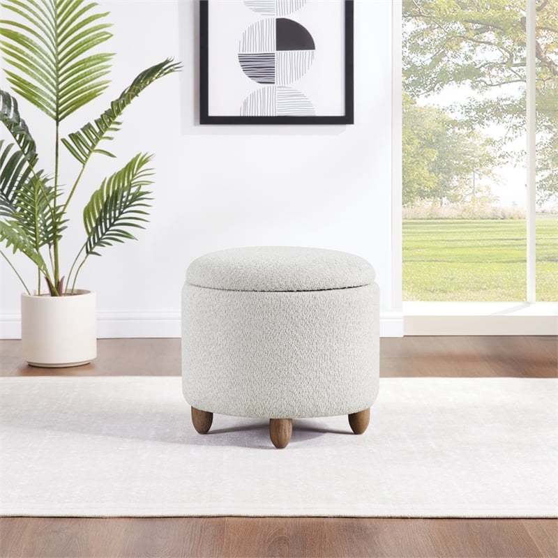 Scranton & Co Round Storage Ottoman in Sherpa Parchment with Oak Legs