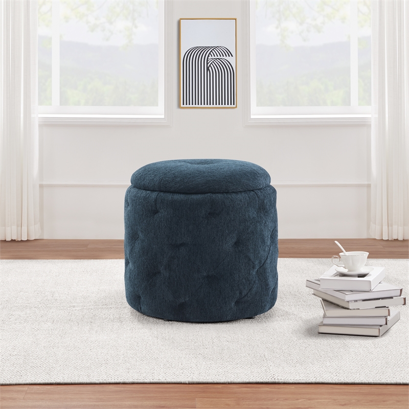 Scranton & Co Round Storage Ottoman in Indigo Fabric with Lift-Off Top