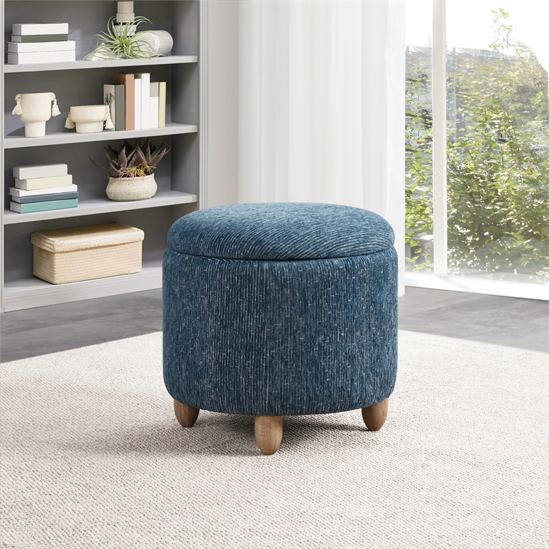 Scranton & Co Round Storage Ottoman in Atlantic Blue with Medium Oak Legs