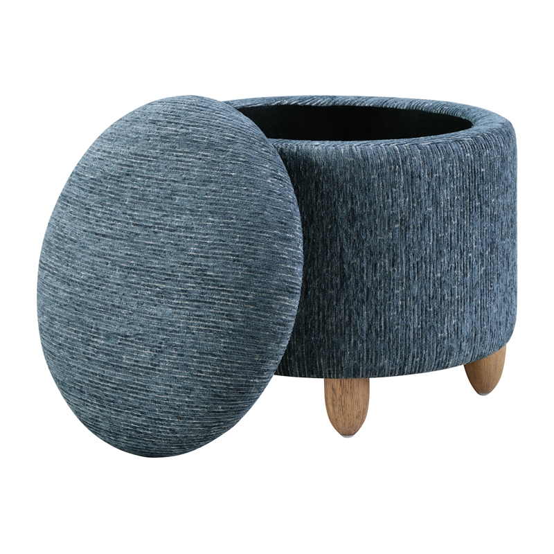 Scranton & Co Round Storage Ottoman in Atlantic Blue with Medium Oak Legs