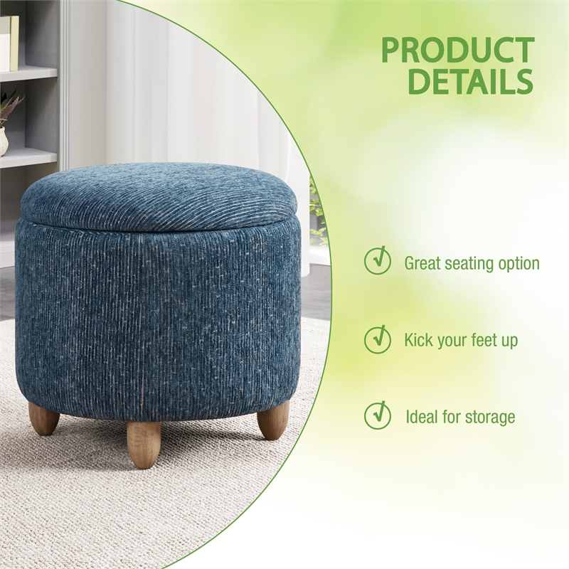 Scranton & Co Round Storage Ottoman in Atlantic Blue with Medium Oak Legs