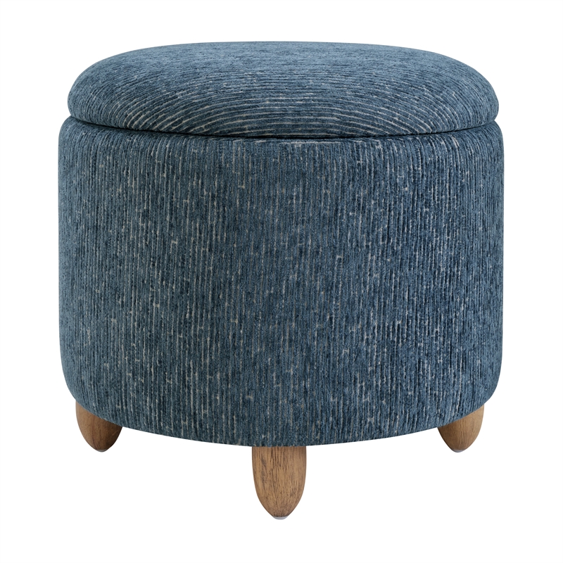 Scranton & Co Round Storage Ottoman in Atlantic Blue with Medium Oak Legs