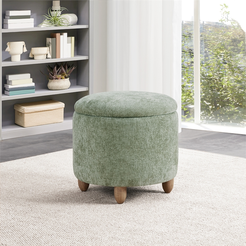 Scranton & Co Round Storage Ottoman in Spring Green with Medium Oak Legs