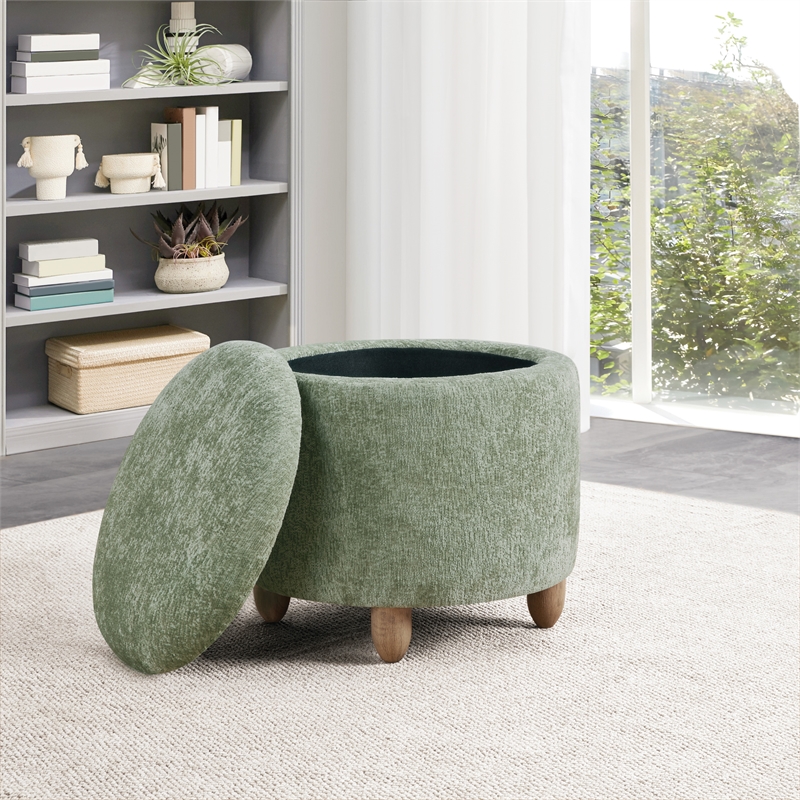 Scranton & Co Round Storage Ottoman in Spring Green with Medium Oak Legs
