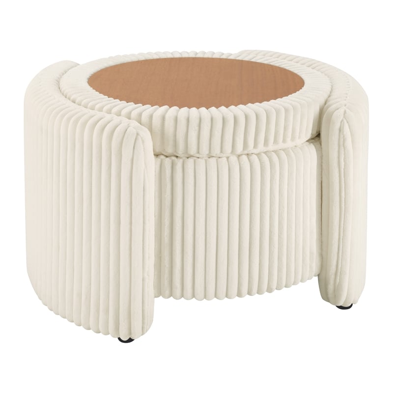 Scranton & Co White Fabric Round Storage Ottoman with Mango Wood Flip Top