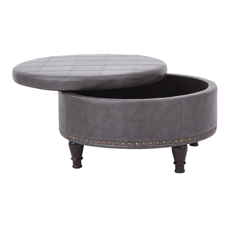 Scranton & Co Round Storage Ottoman in Pewter Gray Bonded Leather