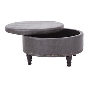 Scranton & Co Round Storage Ottoman in Pewter Gray Bonded Leather