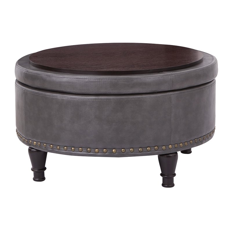 Scranton & Co Round Storage Ottoman in Pewter Gray Bonded Leather