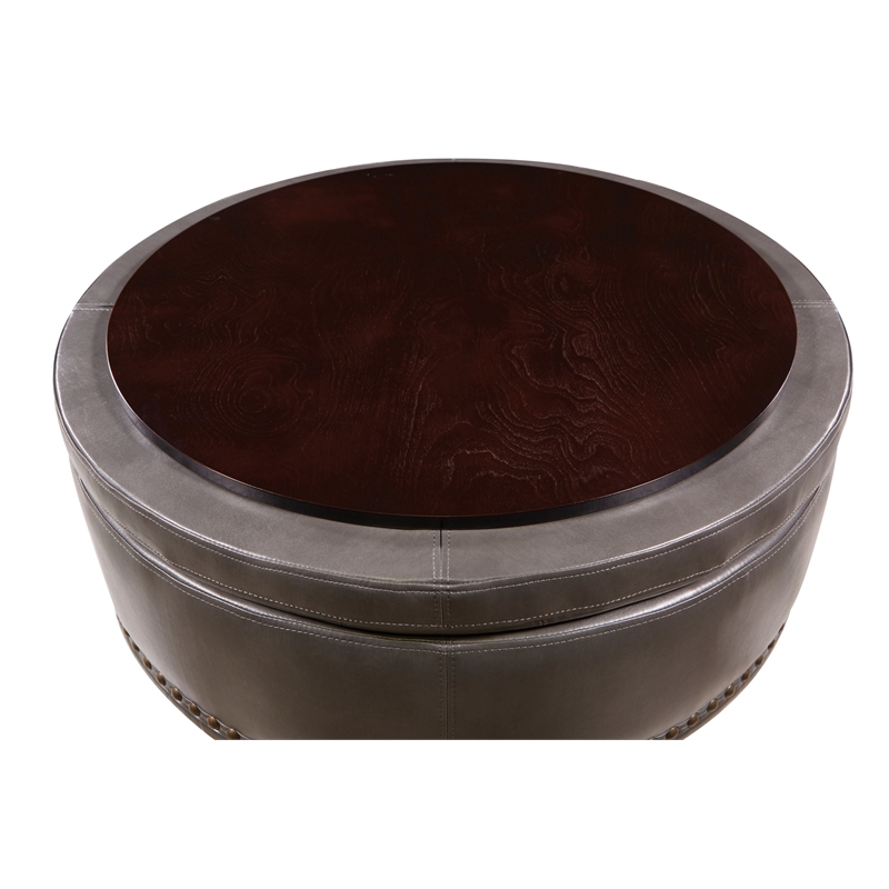 Scranton & Co Round Storage Ottoman in Pewter Gray Bonded Leather