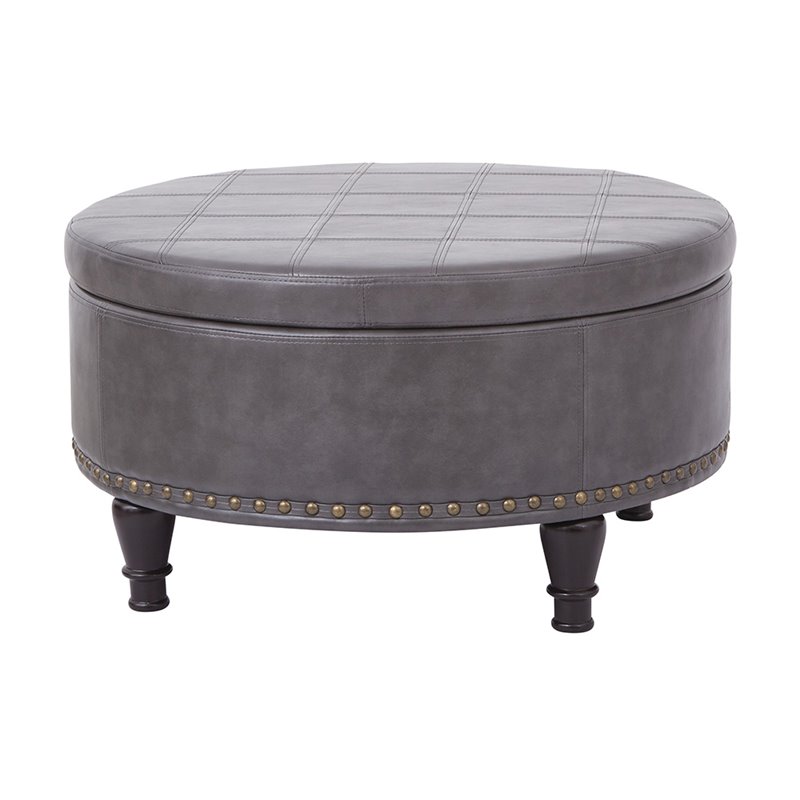 Scranton & Co Round Storage Ottoman in Pewter Gray Bonded Leather