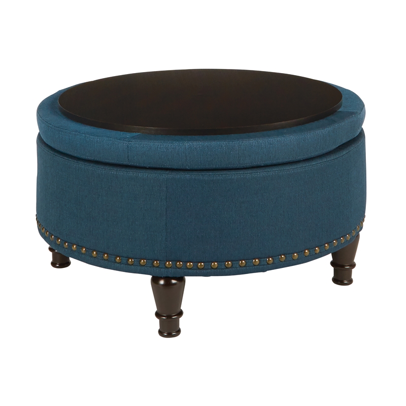 Scranton & Co Round Storage Ottoman in Azure Blue Fabric with Nailheads