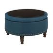 Scranton & Co Round Storage Ottoman in Azure Blue Fabric with Nailheads