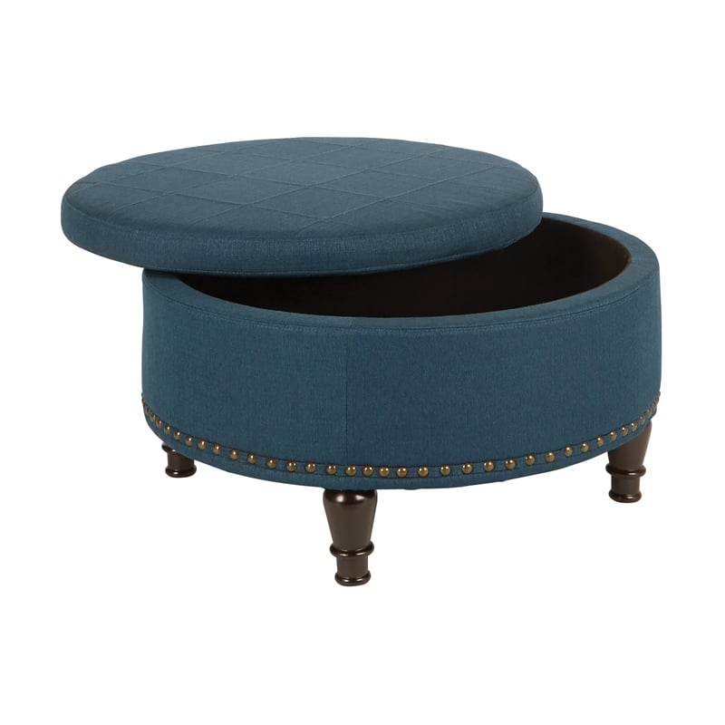 Scranton & Co Round Storage Ottoman in Azure Blue Fabric with Nailheads