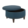 Scranton & Co Round Storage Ottoman in Azure Blue Fabric with Nailheads