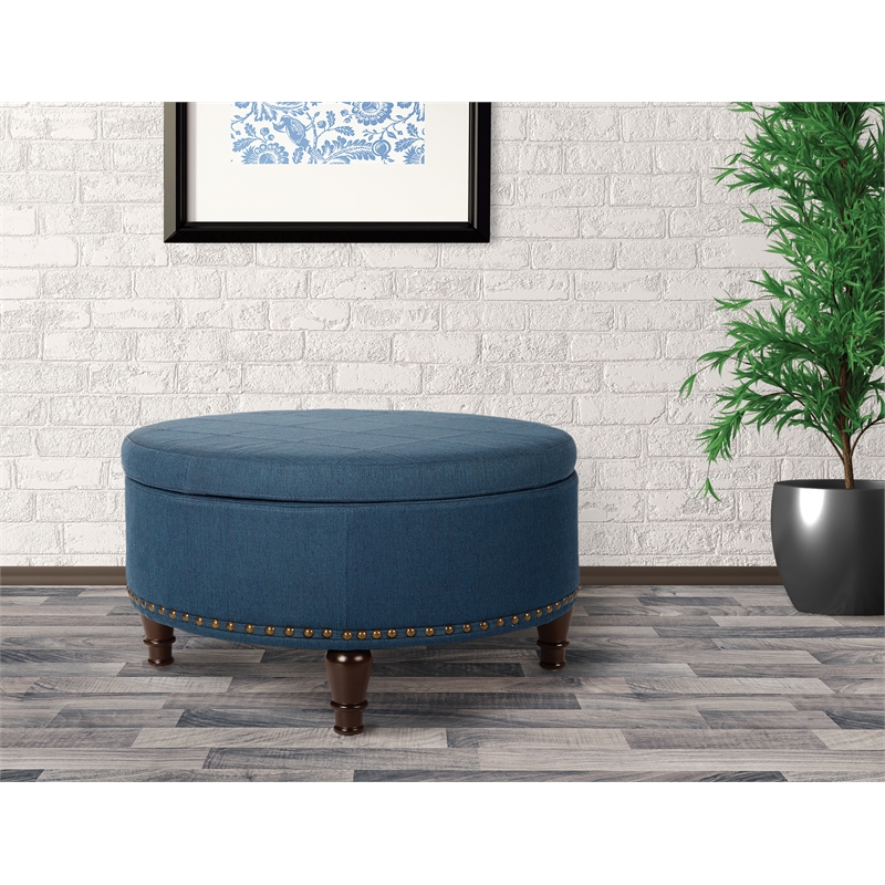 Scranton & Co Round Storage Ottoman in Azure Blue Fabric with Nailheads