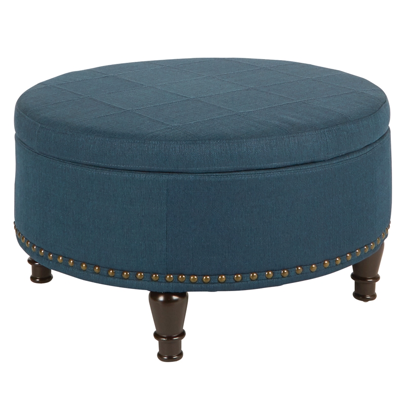 Scranton & Co Round Storage Ottoman in Azure Blue Fabric with Nailheads