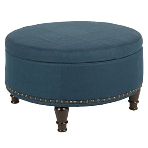 Scranton & Co Round Storage Ottoman in Azure Blue Fabric with Nailheads