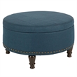 Scranton & Co Round Storage Ottoman in Azure Blue Fabric with Nailheads