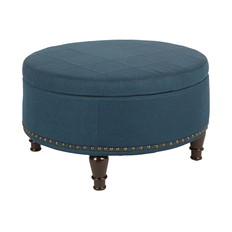 Scranton & Co Round Storage Ottoman in Azure Blue Fabric with Nailheads