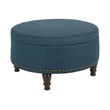 Scranton & Co Round Storage Ottoman in Azure Blue Fabric with Nailheads
