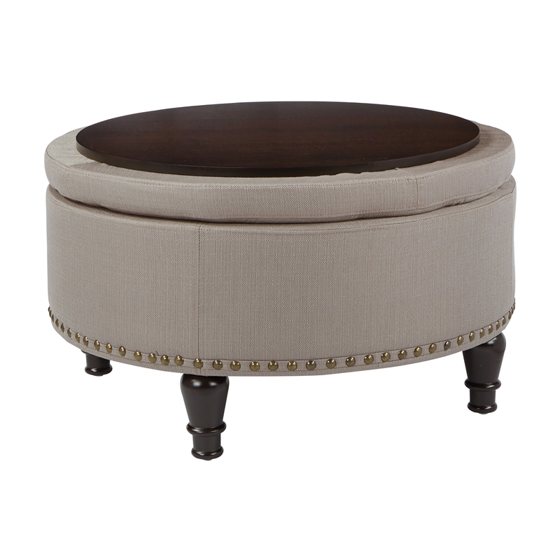 Scranton & Co Round Storage Ottoman in Dolphin Gray Fabric with Nailheads