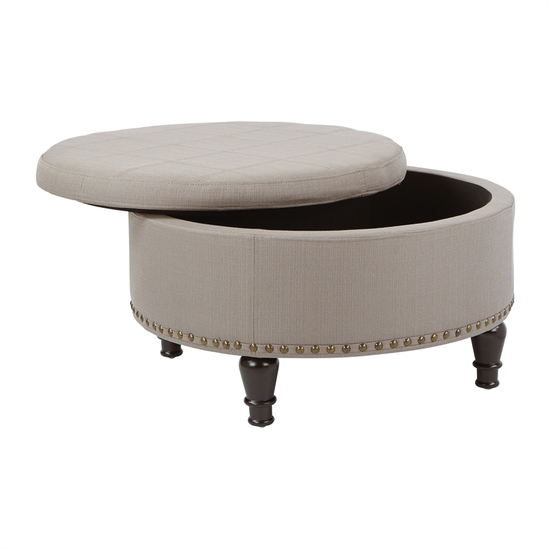 Scranton & Co Round Storage Ottoman in Dolphin Gray Fabric with Nailheads