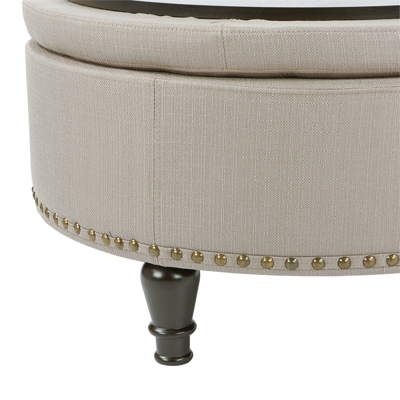 Scranton & Co Round Storage Ottoman in Dolphin Gray Fabric with Nailheads