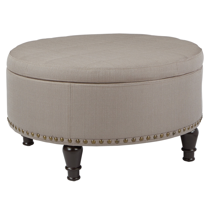 Scranton & Co Round Storage Ottoman in Dolphin Gray Fabric with Nailheads
