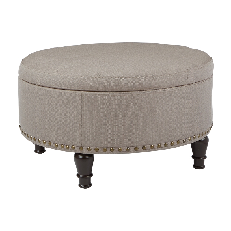 Scranton & Co Round Storage Ottoman in Dolphin Gray Fabric with Nailheads