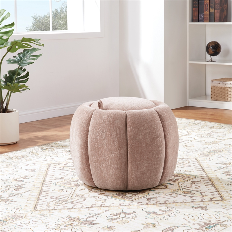 Scranton & Co Round Storage Ottoman in Blush Pink Fabric Fully Assembled