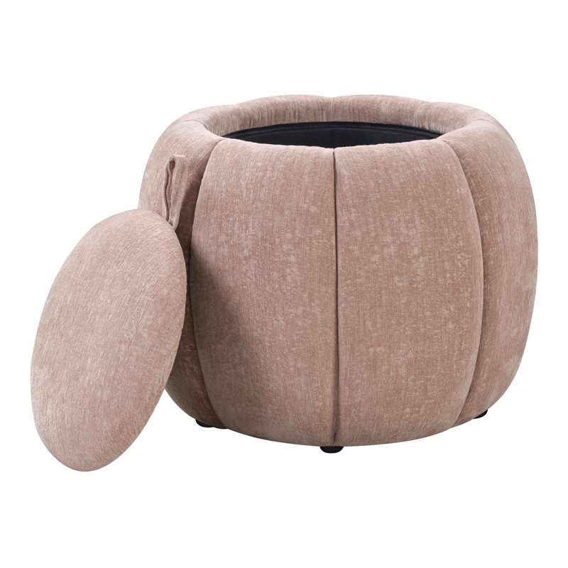 Scranton & Co Round Storage Ottoman in Blush Pink Fabric Fully Assembled