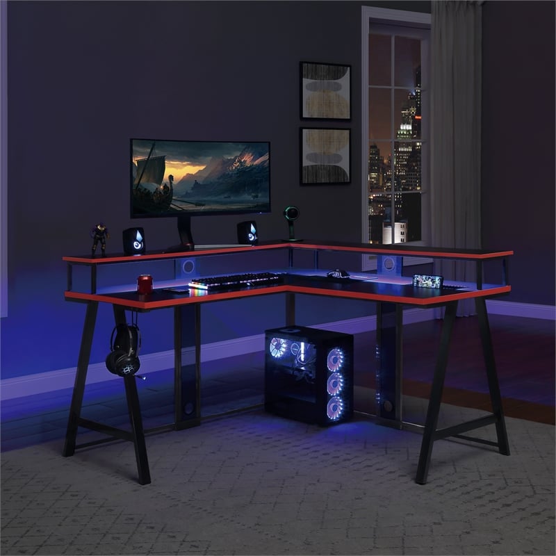Scranton & Co L-Shape Gaming Desk in Black with RGB LEDs and Wireless Charger