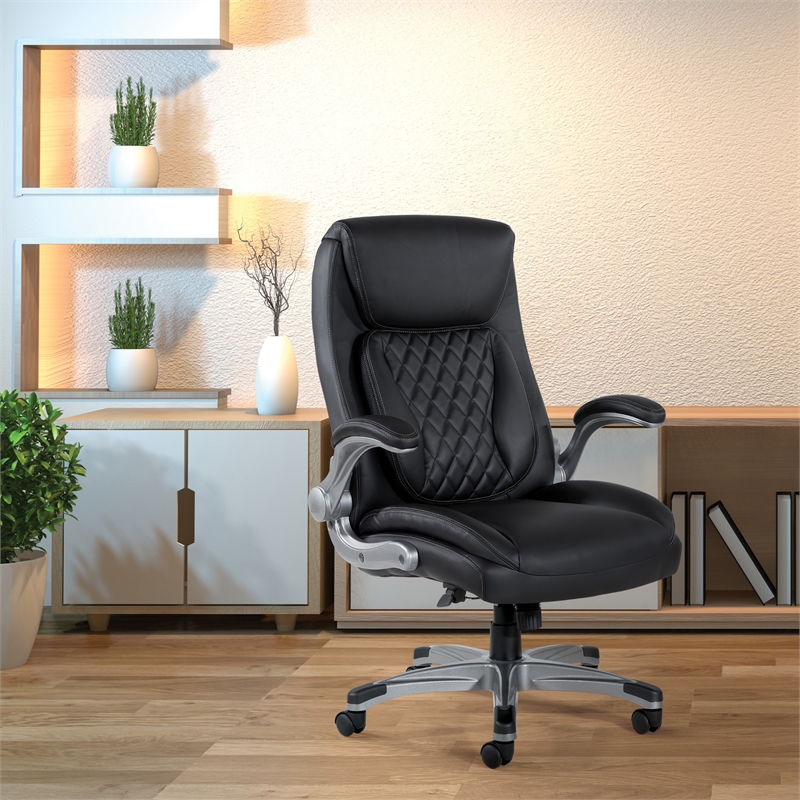 Scranton & Co Executive Office Chair in Black Tufted Leather with Flip Arms