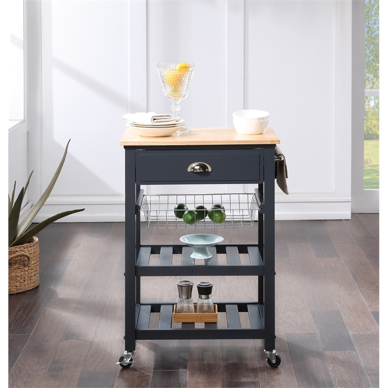 Scranton & Co Farmhouse Kitchen Cart with Wood Top in Blue Stone Base
