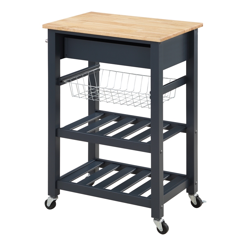 Scranton & Co Farmhouse Kitchen Cart with Wood Top in Blue Stone Base