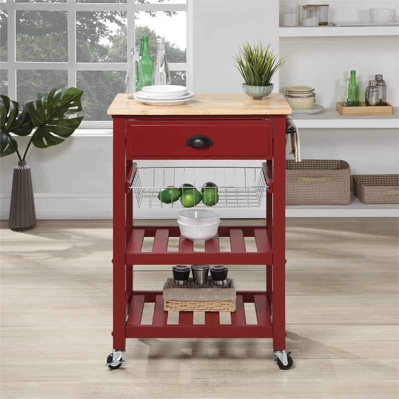 Scranton & Co Farmhouse Kitchen Cart with Wood Top in Red Base