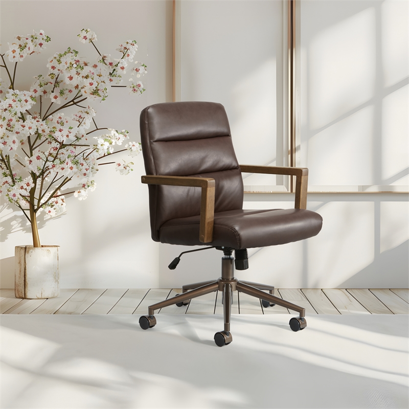 Scranton & Co Chocolate Faux Leather Office Chair with Dark Wood Arms