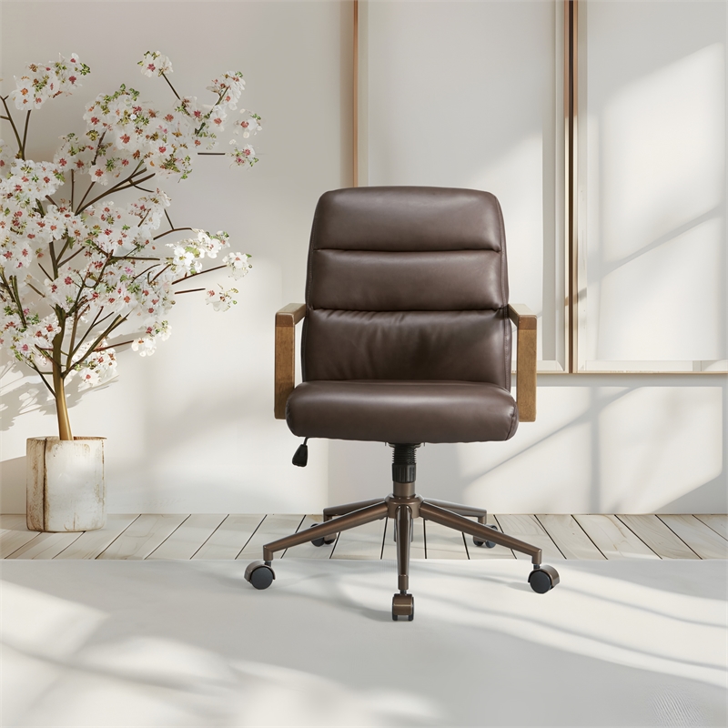 Scranton & Co Chocolate Faux Leather Office Chair with Dark Wood Arms