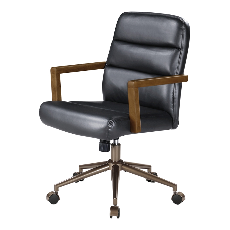 Scranton & Co Black Faux Leather Office Chair with Dark Wood Arms