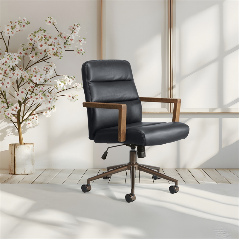 Scranton & Co Black Faux Leather Office Chair with Dark Wood Arms