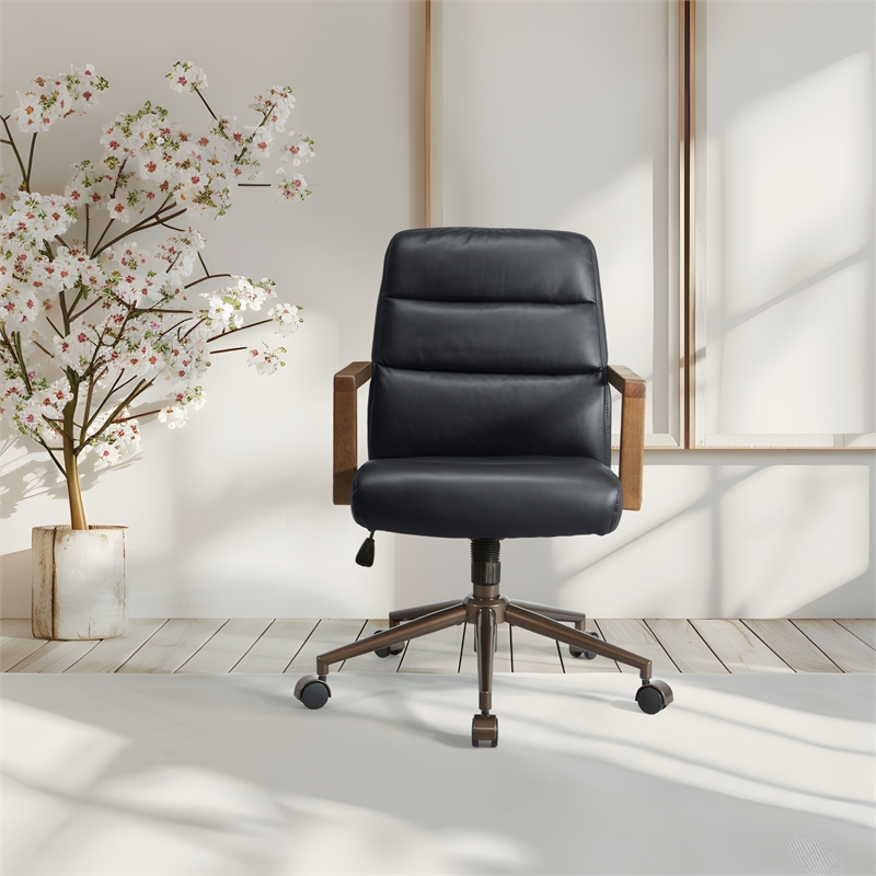 Scranton & Co Black Faux Leather Office Chair with Dark Wood Arms